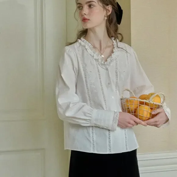 Simple Retro M Faith Lace Patchwork Embroidered Off White Cottagecore Blouse - Picture 13 of 13